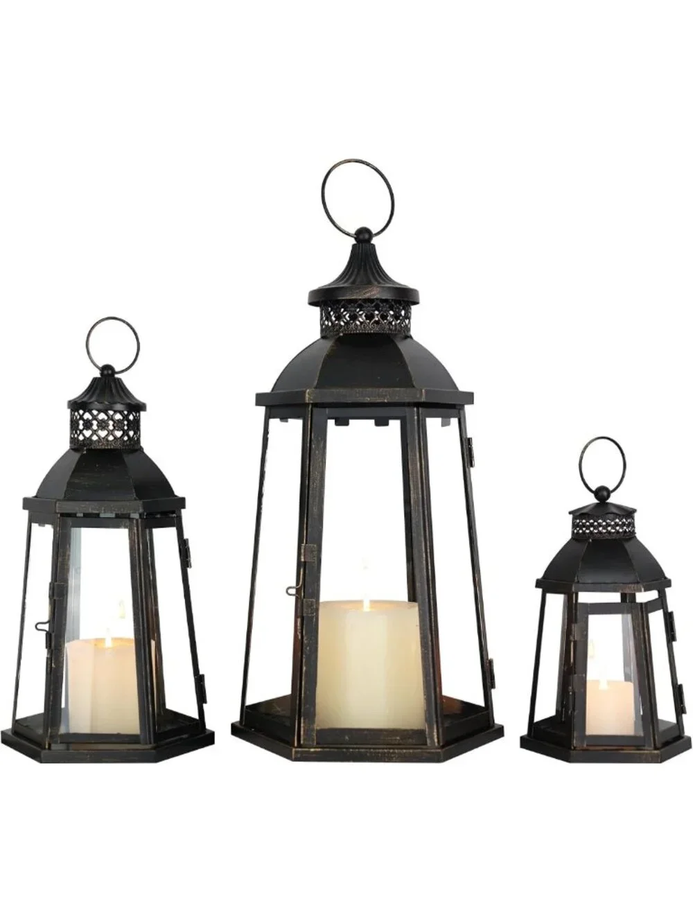 Set of 3 Vintage Lanterns - Metal Frame Candle Holders for Indoor & Outdoor